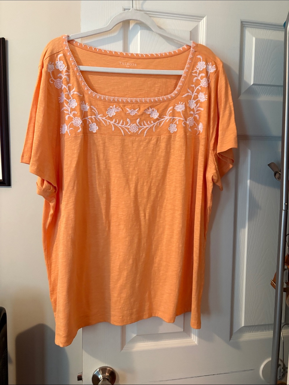 Talbots Orange Short-Sleeve Square Neck Top with White Floral Embroidery